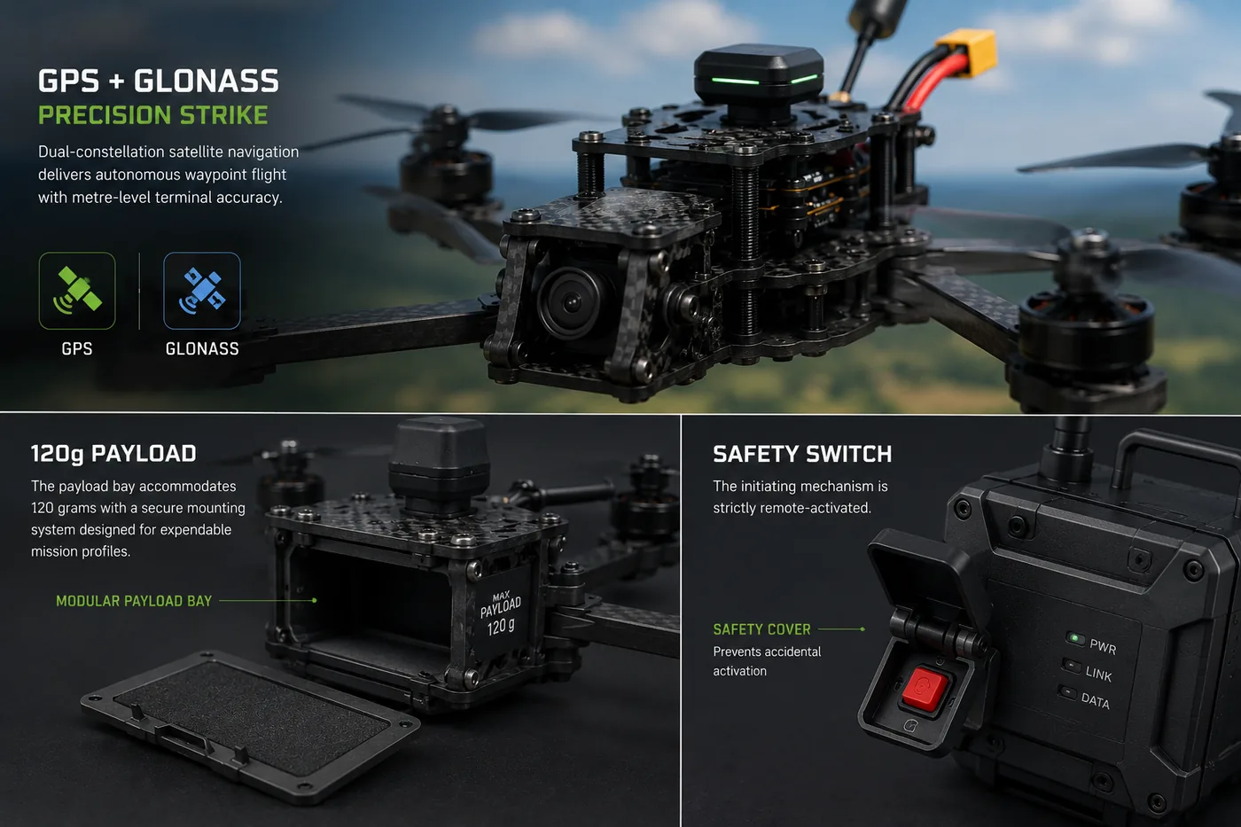Kamikaze drone payload bay and safety mechanism with remote arming switch