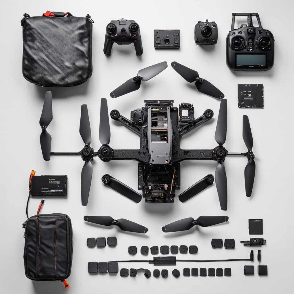10-inch FPV mapping drone top-down flat lay product photograph
