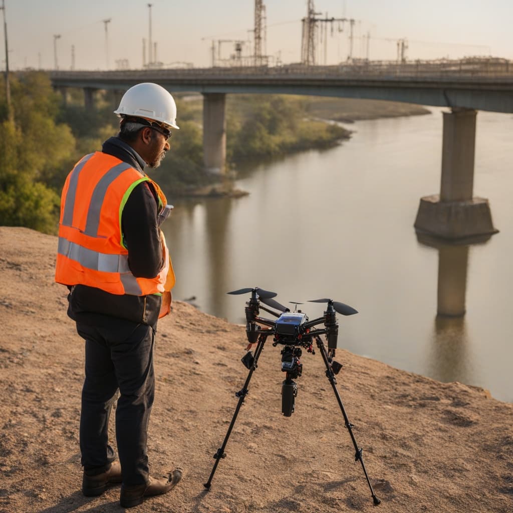 Indian infrastructure inspector hand-launching FPV drone at bridge inspection site