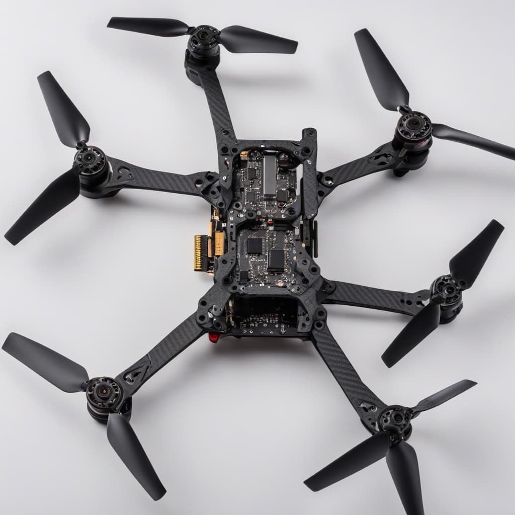 5-inch FPV quadcopter product flat lay with carbon fibre frame and flight controller
