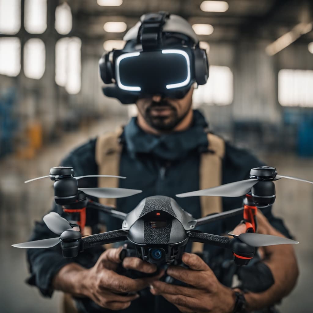 Indian drone operator wearing FPV goggles with controller