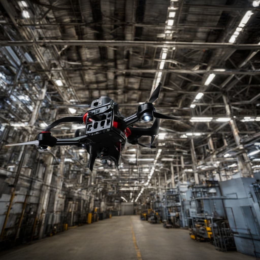 AutoAbode 5-inch FPV quadcopter flying through industrial inspection corridor