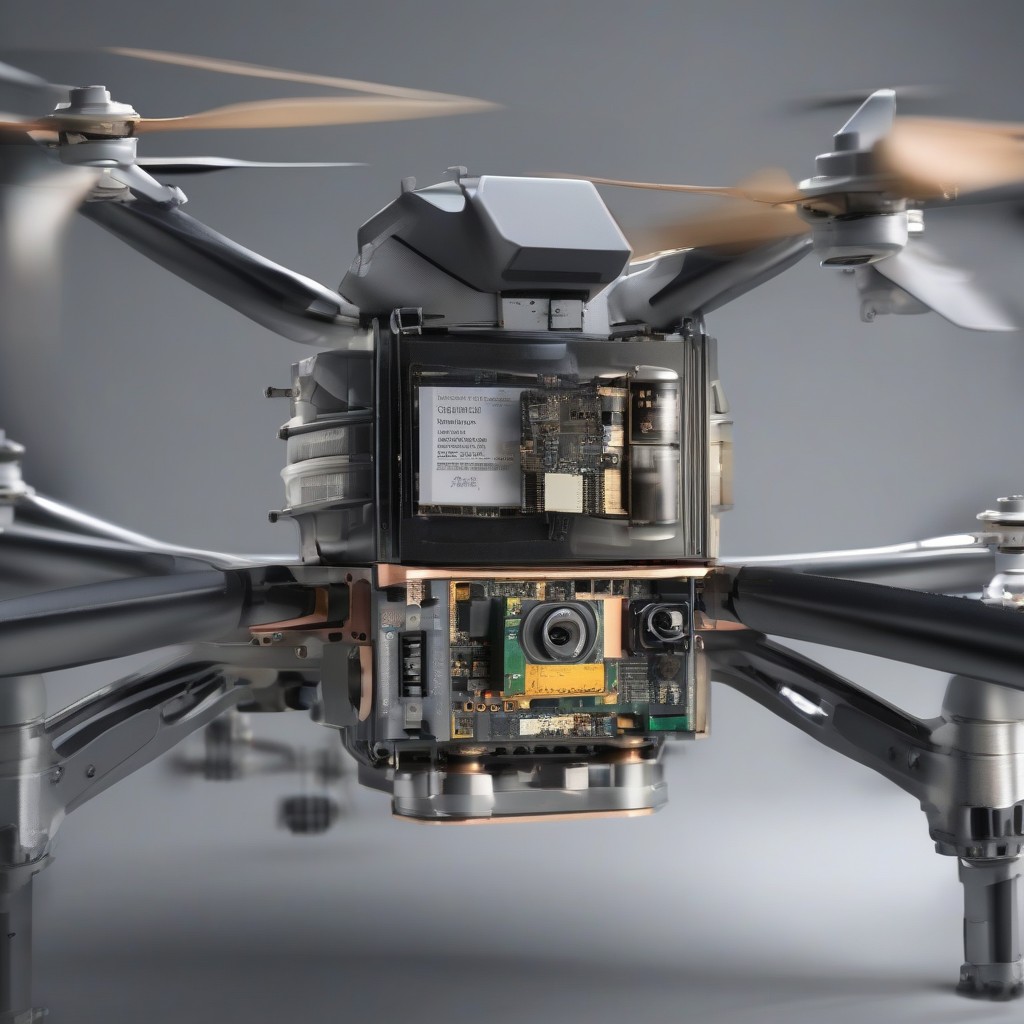 Close-up of BotBit UAV's modular multi-sensor payload bay with EO, IR, and SAR modules.