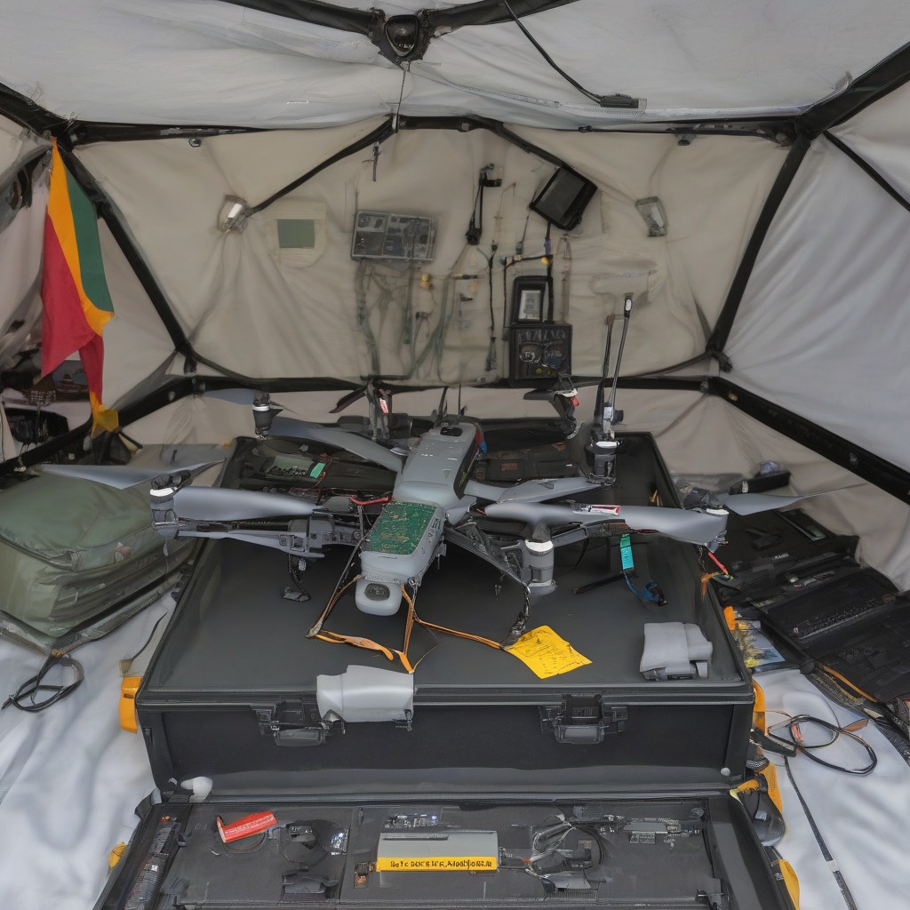 Open avionics bay of a BotBit UAV in a field operations tent.