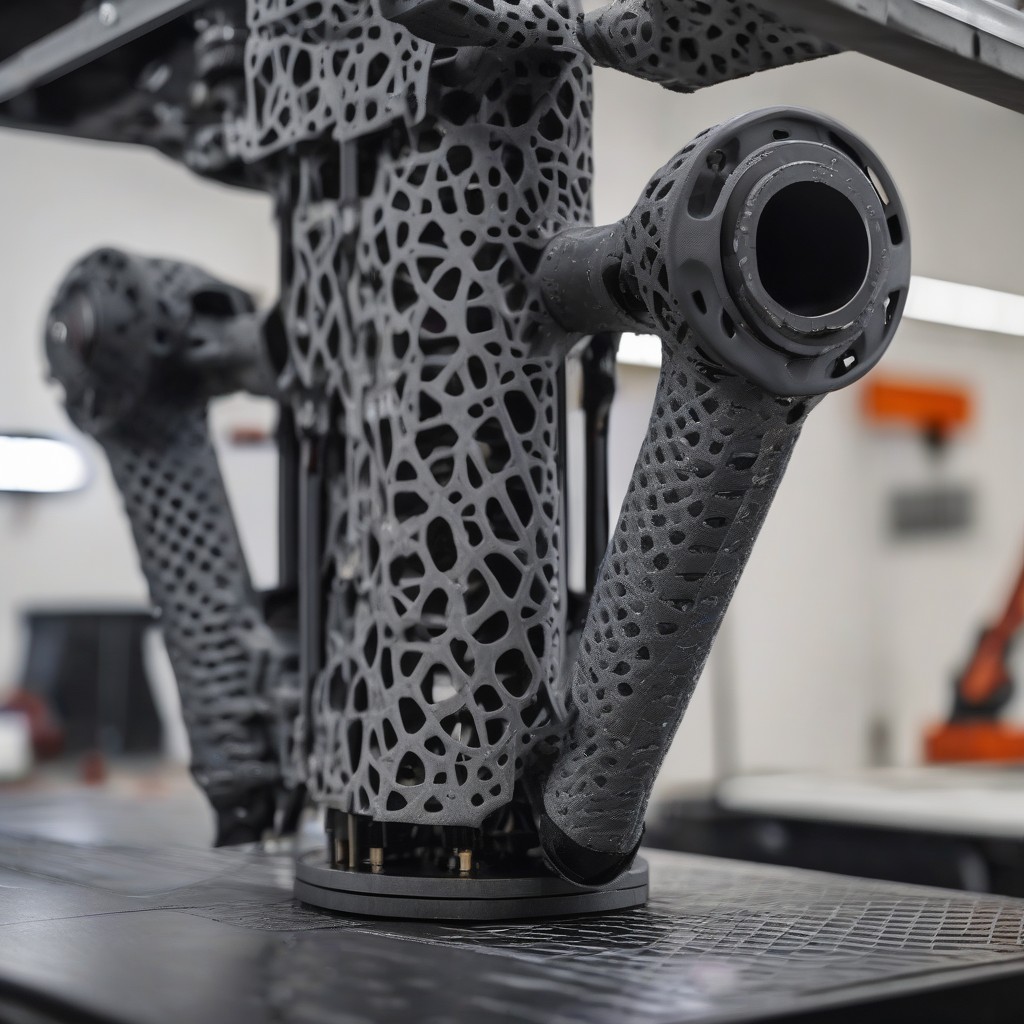 Close-up of a 3D printed carbon-fibre drone arm from a powder bed printer.