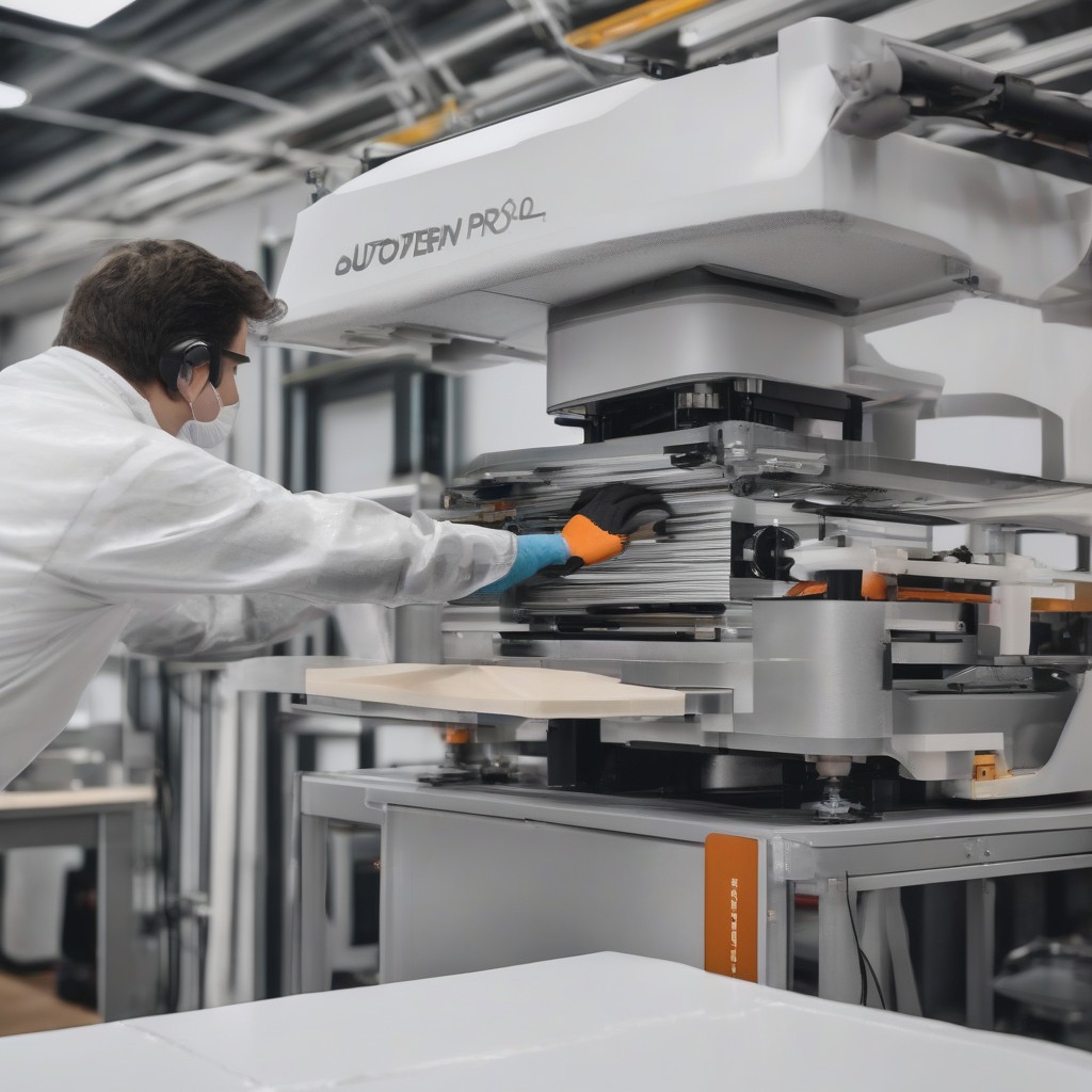 Technician unloads a build plate of finished nylon parts from an SLS printer.