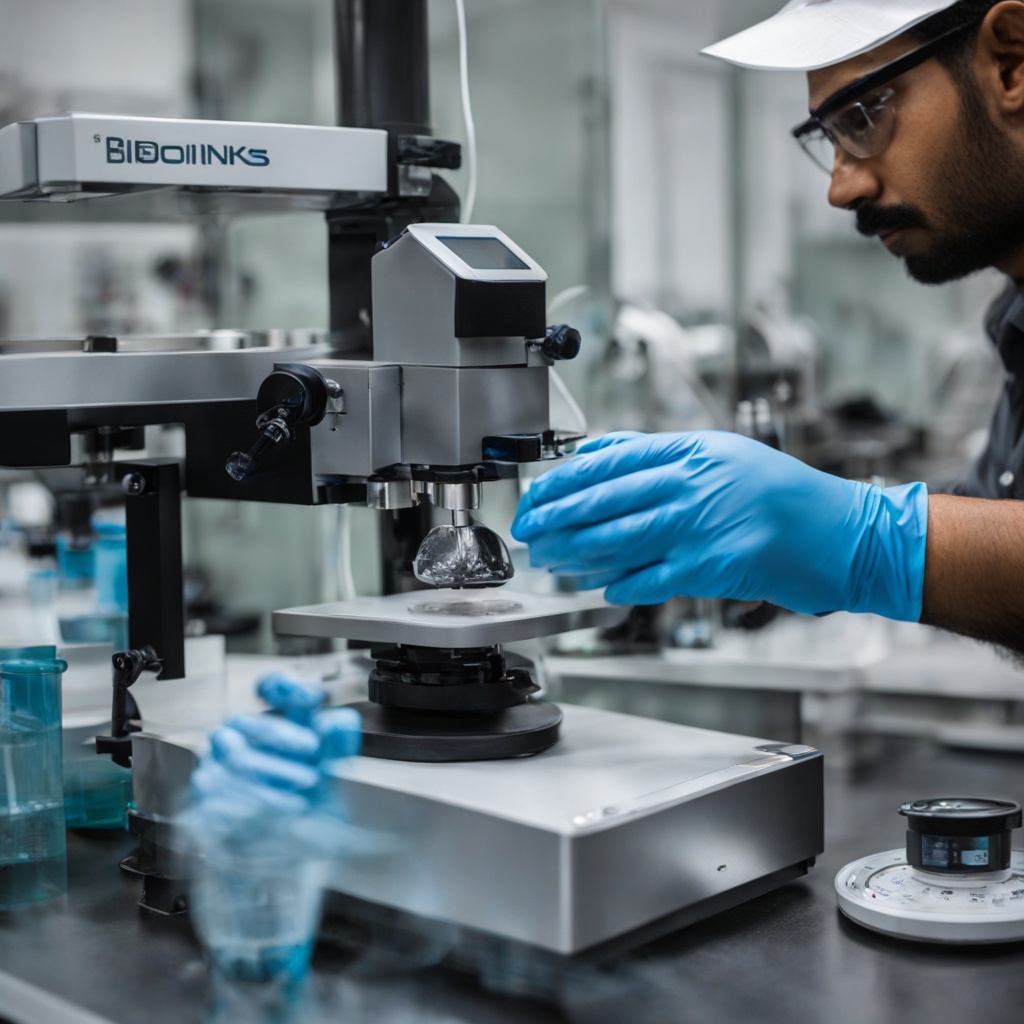 Researcher's hands testing bioink viscosity on a rheometer in a cluttered lab.