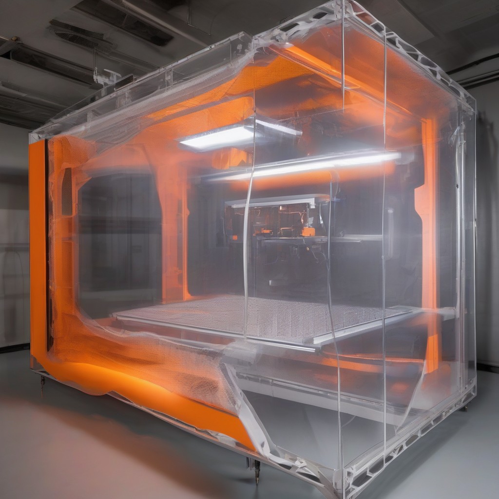 Low-angle shot inside a 3D printer creating a complex drone component.