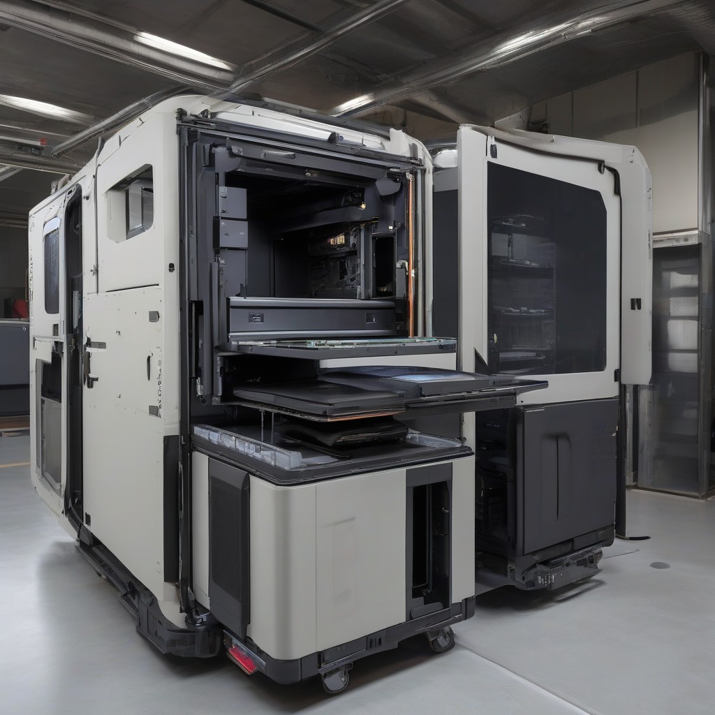Close-up of dual industrial 3D printers inside militarised mobile fabrication unit.