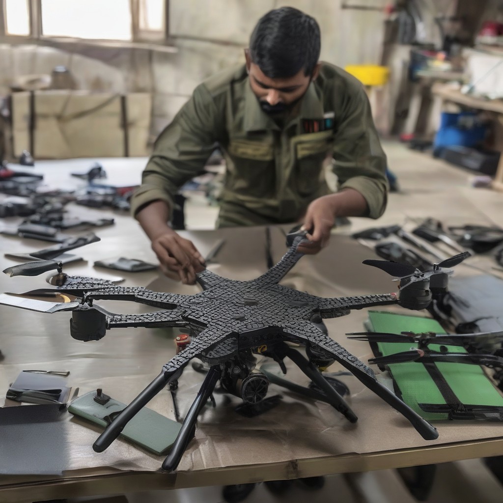 Field technician installing 3D-printed part to repair a military UAV in forward workshop.