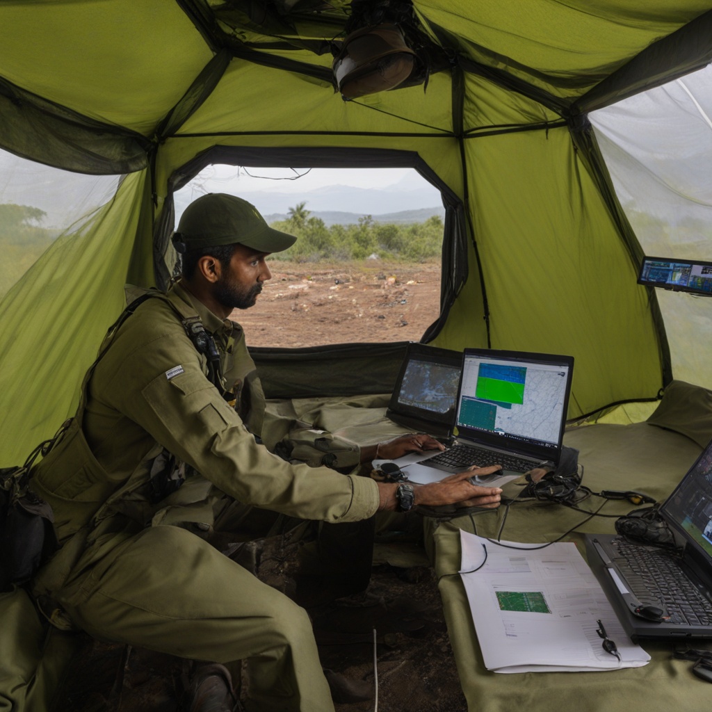 Field technician analyzing fused sensor data from a UAV payload on a laptop.