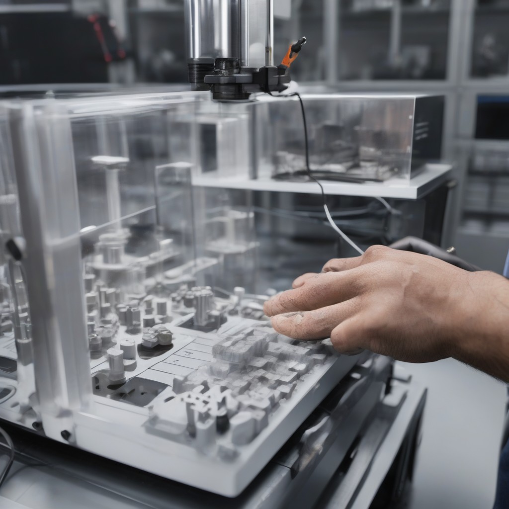 Engineer tests SLS parts from various open-source powders in an integration lab.