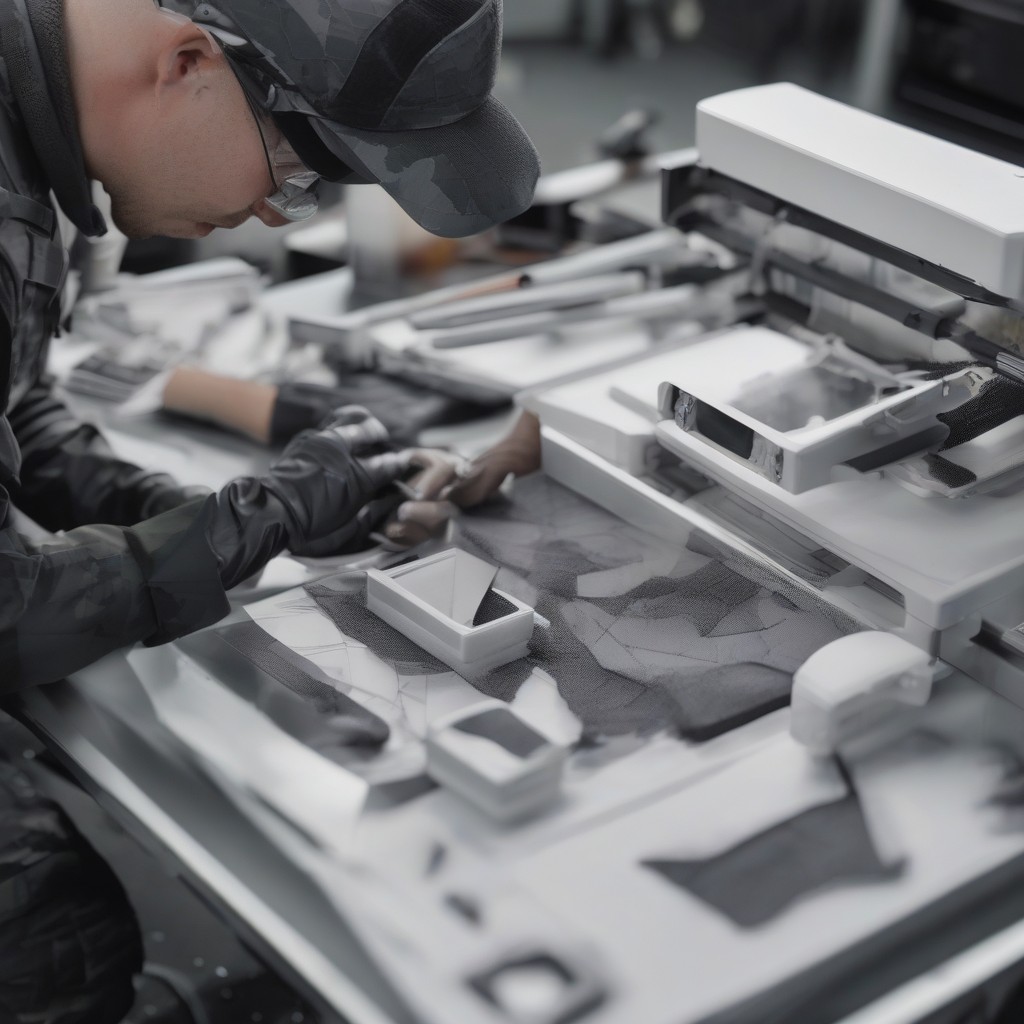 Soldier retrieving a finished SLS-printed component next to its digital blueprint.
