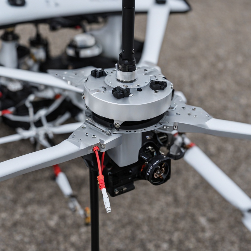 Close-up of the RTK antenna and wiring on an Autoabode BotBit drone fuselage.