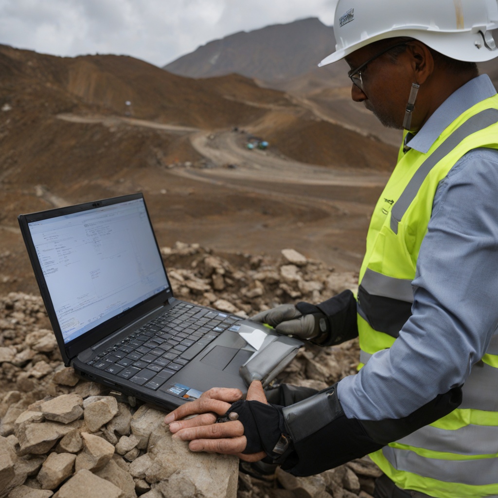 A surveyor's hands process PPK data on a laptop with a BotBit drone on the table.