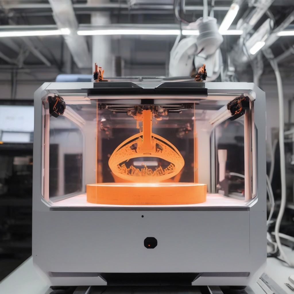 Interior view of an SLS 3D printer producing a batch of parts, showing laser sintering.
