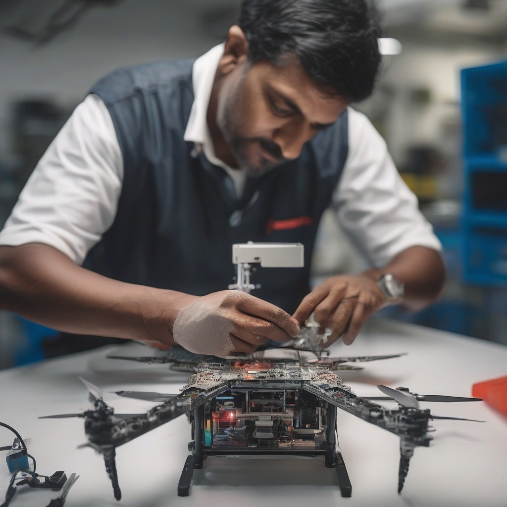 Technician assembling a UAV in an industrial lab