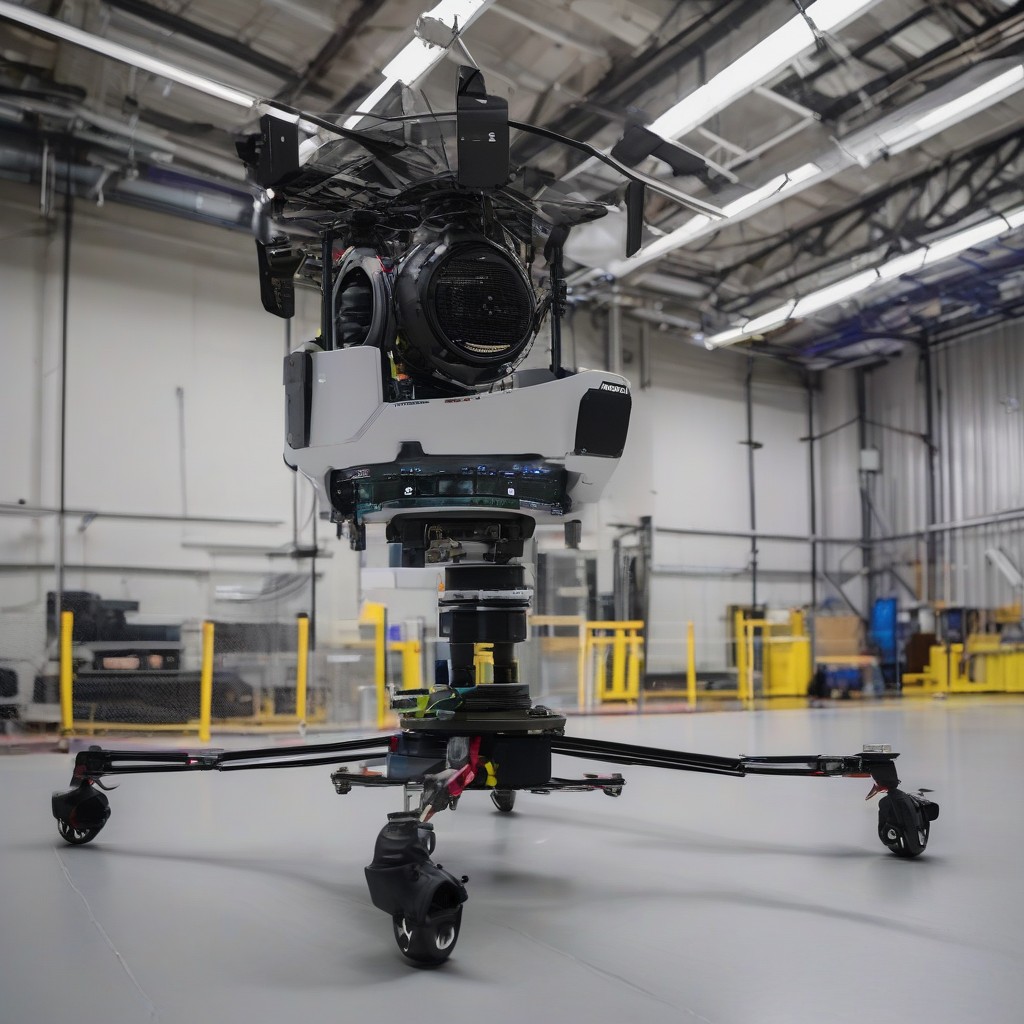 Close-up of UGV Interceptor's sensor mast with LiDAR and thermal camera.